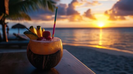 Poster - Refreshing summer cocktail in coconut shell with tropical fruits against a sunset beach backdrop