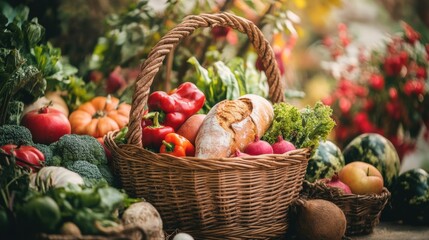Poster - Harvest basket filled with fresh organic vegetables, fruits, and homemade bread in a nature-inspired setting