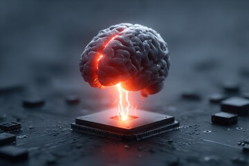 Poster - Glowing Brain Connected to Microchip: A 3D Render of Neural Network Technology