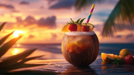 Aufkleber - Refreshing summer cocktail in coconut shell with tropical garnish during sunset at a beautiful beach