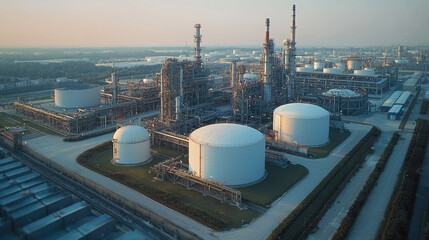 Aufkleber - Aerial view of large petrochemical plant featuring multiple storage tanks and industrial structures, showcasing advanced technology and infrastructure in serene environment
