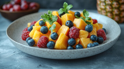 Poster - Fresh mango pineapple blueberries raspberries mint leaves vibrant colors healthy dessert fruit salad summer treat natural sweetness