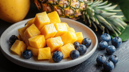 Poster - Fresh mango and pineapple cubes are beautifully arranged on plate, surrounded by vibrant blueberries, creating colorful and appetizing display of tropical fruits