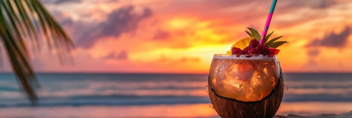 Poster - Refreshing summer cocktail in coconut shell with tropical fruit at sunset beach