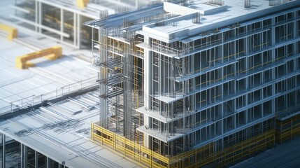 A 3D CAD rendering of a high-rise construction blueprint, showcasing virtual reality-based building simulations, modular prefabrication elements, and steel rebar