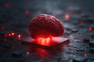 Poster - Glowing Red Human Brain Model on Dark Circuit Board