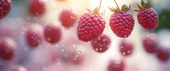 Poster - Fresh raspberries glistening with water droplets create vibrant and refreshing scene, evoking sense of summer and natural sweetness. bright red color and juicy texture make them visually appealing