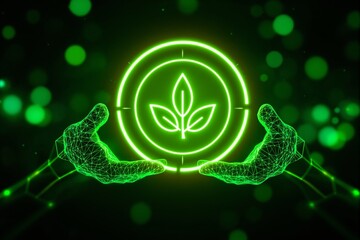 Poster - Futuristic digital hands holding glowing eco-friendly symbol in green environment.