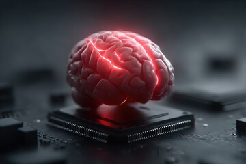 Poster - Human Brain Model on Circuit Board with Red Glowing Crack