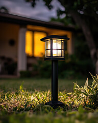Poster - solar garden light illuminates grassy area, casting warm glow in evening. charming design complements serene outdoor setting, enhancing ambiance of garden