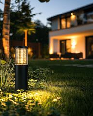 Poster - modern solar garden light illuminates lush green lawn at dusk, creating warm and inviting atmosphere. sleek design complements contemporary home in background, enhancing outdoor space