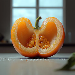 Poster - vibrant orange fruit, halved to reveal its juicy interior filled with seeds, sits kitchen table. soft light from window enhances its fresh appearance, evoking sense of natural beauty and freshness
