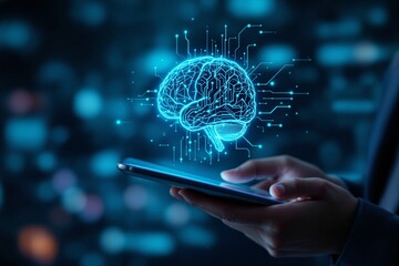Poster - Digital brain with circuit connections above smartphone in hand.