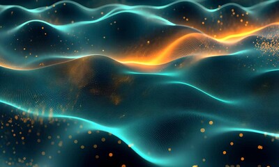Fototapete - Abstract Waves of Teal and Gold Particles Flowing Gently for Motion Graphics Use