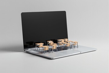 Poster - Creative concept of online education with miniature desks on a laptop.