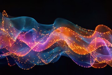 Poster - Smoke veils gracefully twist under vibrant lights creating a mesmerizing visual display, Rotation of the smoke veils under the lights on a black background