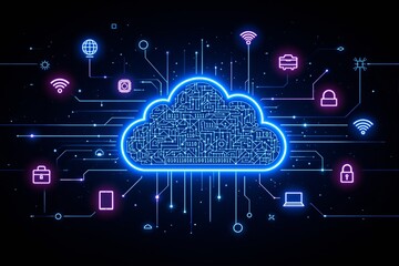 Poster - Futuristic cloud computing concept with glowing circuit cloud and digital connections.