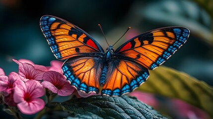 Aufkleber - Vibrant Butterfly with Bright Orange Wings and Pink Flowers in Nature