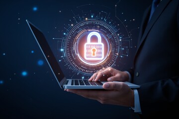 Poster - Businessman using laptop with cybersecurity digital lock hologram.