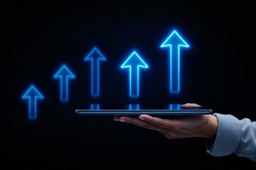 Aufkleber - Hand holding tablet with glowing blue upward arrows symbolizing growth and progress.