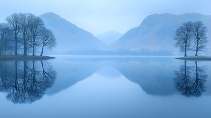 Poster - Serene Blue Lake Reflection with Trees and Mountains in Mist