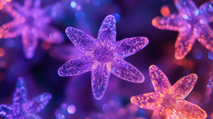 Wall Mural - Glowing lights and flashes set. Purple stars sparkling with lens flare effect on transparent background. Vector shining neon elements
