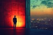 © Isuru - A lone businessman stands silhouetted against a red wall, gazing at a vibrant cityscape at twilight.