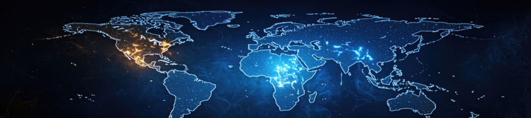 Aufkleber - digital world map illuminated with blue and orange lights, representing global connectivity and technology. map showcases various regions and highlights urban areas