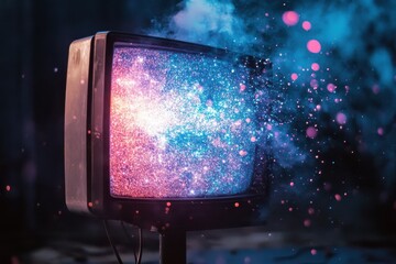 Poster - Static-filled television emits colorful particles in a dimly lit room at night, TV playing static with particles