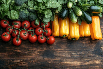 Poster - Fresh vegetables including tomatoes, bell peppers, cucumbers, and leafy greens arranged beautifully on wooden surface, showcasing vibrant colors and healthy options