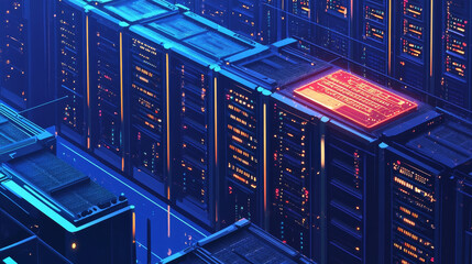 Poster - Supercomputer server room. Big data processing. Isometric vector illustration. Central processor unit isometric illustration. Vector CPU chip. Microprocessor with lights on the blue background.