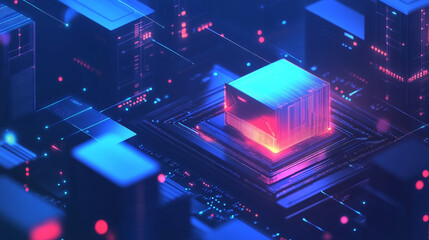 Poster - Supercomputer server room. Big data processing. Isometric vector illustration. Central processor unit isometric illustration. Vector CPU chip. Microprocessor with lights on the blue background.