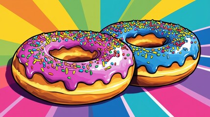 Aufkleber - Playful cartoon donuts featuring rainbow frosting and colorful sprinkles in a bright pop-art setting