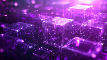 Poster - Cryptocurrency and blockchain isometric vector illustration. Abstract composition of crypto start up. Ultraviolet colors