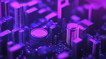 Poster - Cryptocurrency and blockchain isometric illustration. Vector abstract composition of crypto start up. Ultraviolet colors