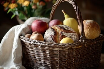 Fototapete - Rustic basket filled with organic fruits, vegetables, and homemade bread in warm earthy tones against a nature-inspired background