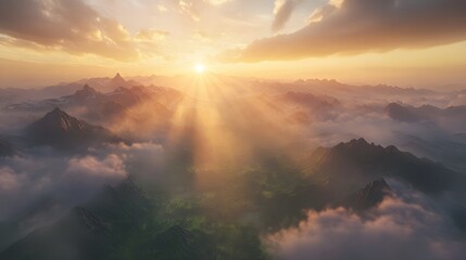 Poster - Serene Sunrise Over Misty Mountains in Dreamy Landscape