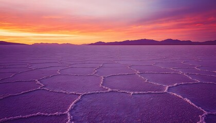 Poster - Vibrant Sunset over Salt Flats with Hexagonal Patterns and Mountains