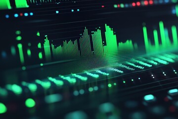Poster - Green audio equalizer displayed on digital screen during sound editing session in studio, Green audio equalizer on screen