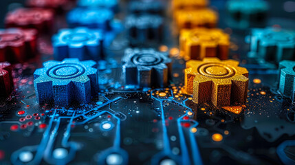 Poster - colorful gear mechanisms on circuit board representing software update and system installation for q