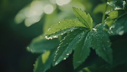 Aufkleber - Close-Up of Green Leaves with Dew Drops in Natural Light