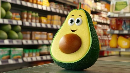 Poster - Playful cartoon avocado with bright features at a grocery store aisle showcasing colorful products and cheerful design