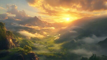 Aufkleber - Serene Sunrise Over Rolling Hills and Misty Valleys in Nature