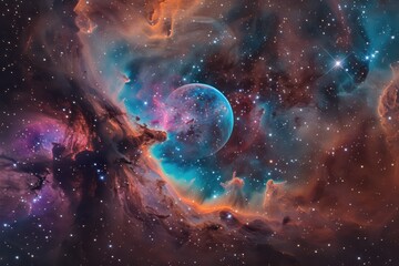Wall Mural - vivid cosmic nebula with colorful gas clouds and a glowing celestial body in deep space