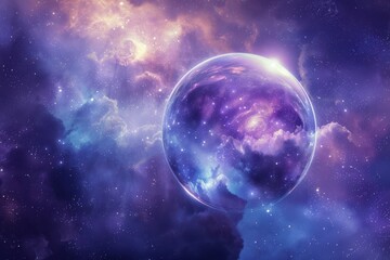 Wall Mural - a vibrant cosmic scene featuring a glowing purple planet amidst swirling clouds and stars in deep sp
