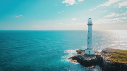 Poster - Coastal lighthouse overlooks turquoise waters under a clear blue sky in a vibrant summer setting