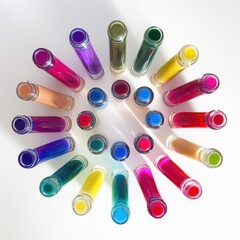 Poster - Vibrant Colorful Bottles Arranged in Circular Pattern on White Surface