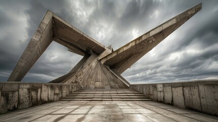 Poster - Abstract architectural monument with dramatic clouds and angles