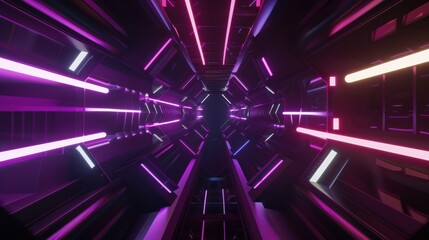 Fototapete - Futuristic Neon Tunnel with Vibrant Lights in Digital Space