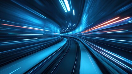 Poster - Dynamic Motion Blur of Train in Futuristic Blue Tunnel Environment